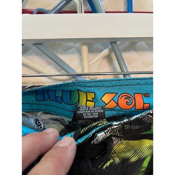 Blue Sol Boardshorts Men 32 Green Blue Check Hybrid Swim Beach Surf Trunks - Picture 4 of 5